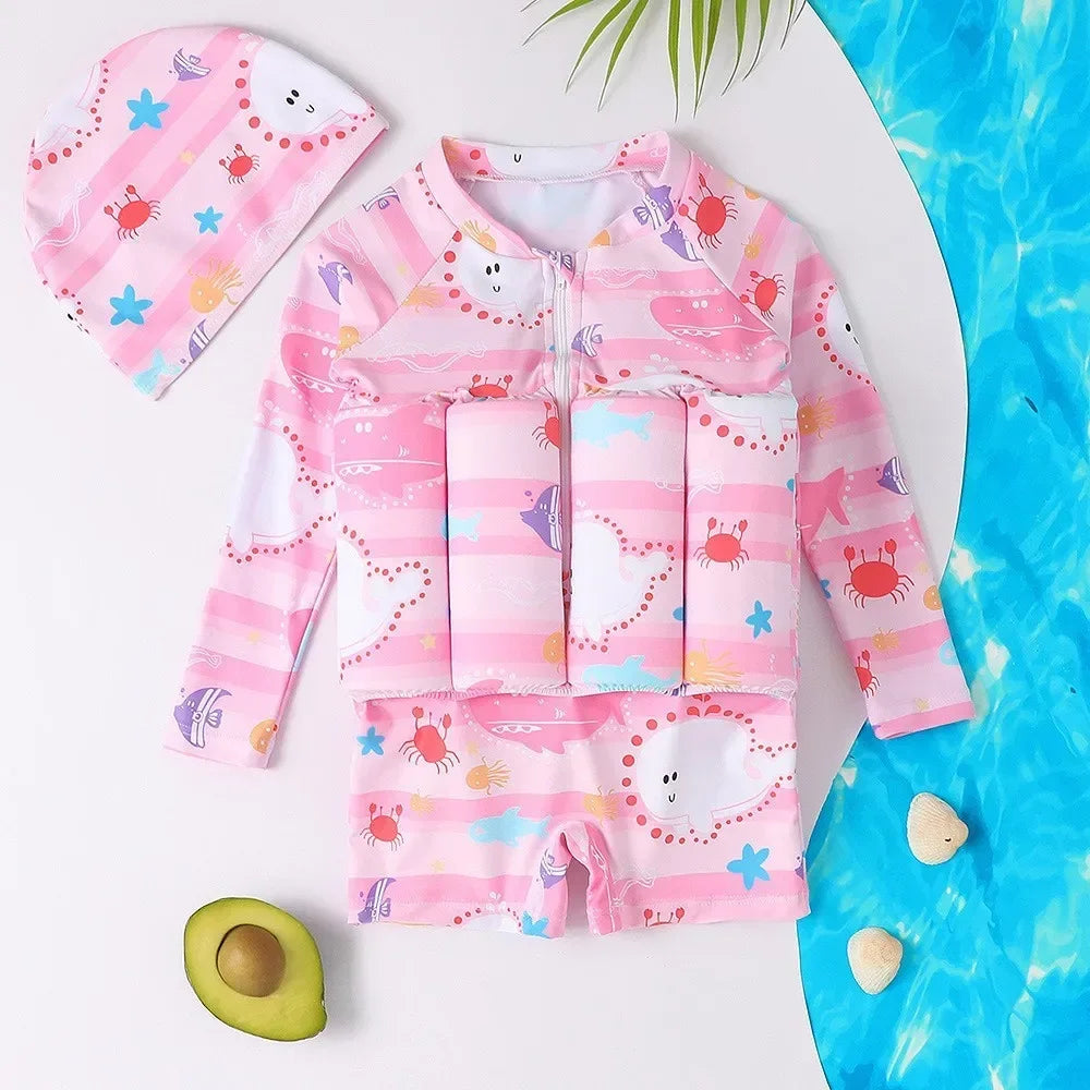1-6T Children's Buoyancy Swimsuit Cartoon Swimwear Kid One-Piece Floating Rash Guards Bathing Clothes Boys Girls Swimming Suits