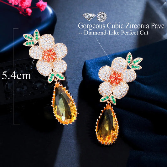Pera Expensive Gold Color Shiny Yellow Crystal Luxury Wedding Jewelry Long Big Flower Charm Water Drop Earrings for Brides E848