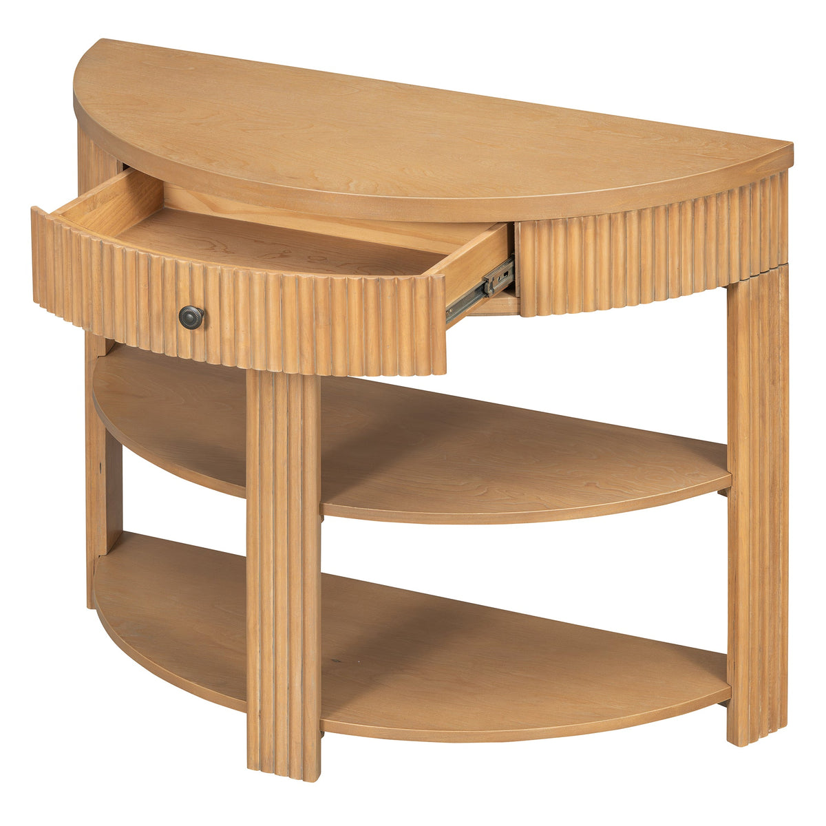 Fluted Half Moon Console Table with Drawer and 2 Shelves for Entryway,