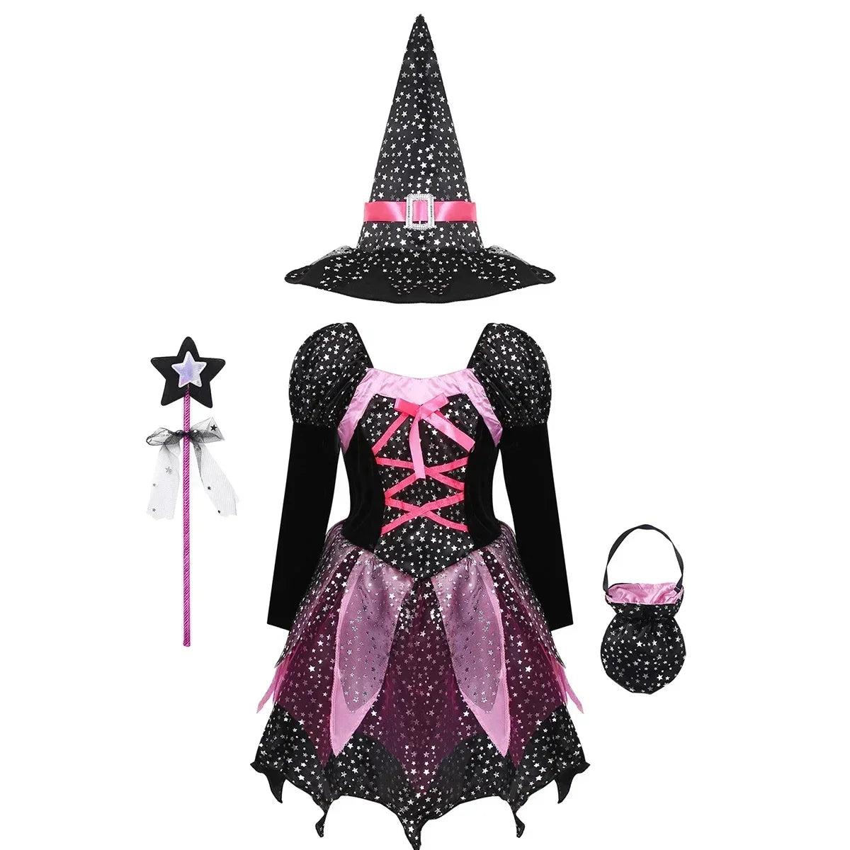 2025 Halloween Baby Girls Witch Dress+Hat+Wand+Candy Bag Costume for Kids Carnival Party Evil Witch Vestidos Set 2-12Yrs Clothes