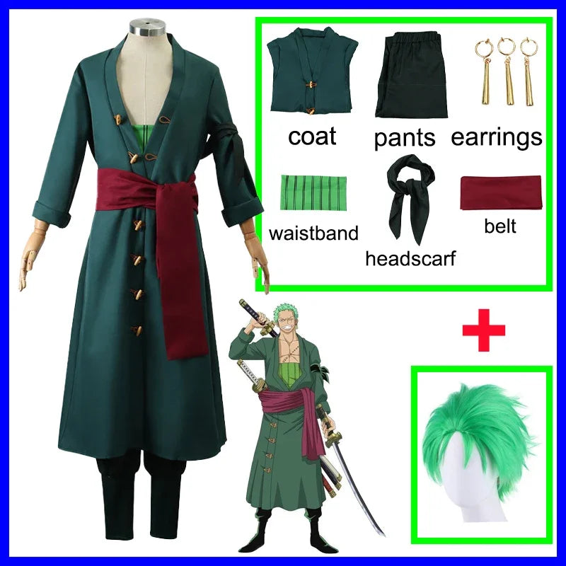 2025 ❤ New Anime Piece Pirate Cosplay Costume Roronoa Zoro Kostum Two Year Later Wig Earrings Black Green Coat Belt Pants ★★