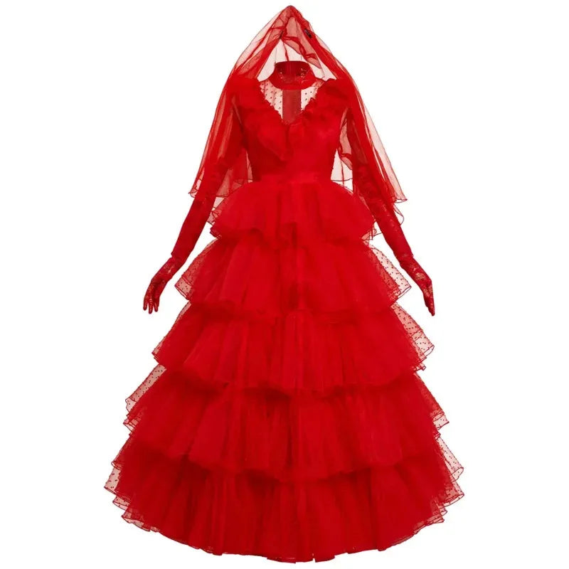 New 2025 Beetle Cosplay Juice Costume Lydia Red Wedding Dress Outfits Women Retro Long Sleeve Lace Tulle Bride Gown Hallo eqs9X