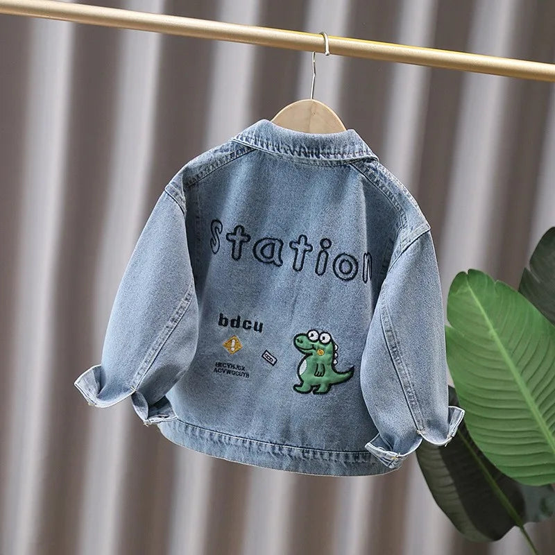 Cute Style Baby Child Denim Jacket with Dinosaur for Kids Boy Girl Casual Jeans Coat Lovely Baby Dinosaur Outfit Clothing 2-11 T