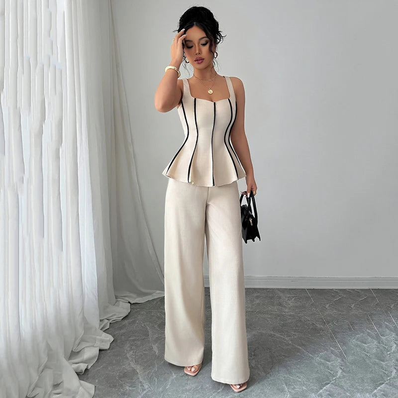 Summer Female Vest Pants Set Solid Sleeveless U Neck Top High Waist Casual Loose Pant Two-piece Set Office Lady  Fashion Street