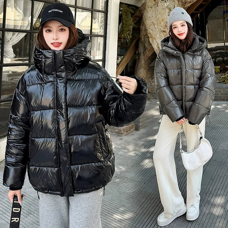 2025New Winter Jacket Women Parka Fashion Hooded Thick Warm Glossy Down Cotton Coat Parkas Female Casual Outwear Overcoat Ladies