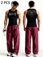 Men Gothic Style 2Pcs Outfit Graphic Sleeveless Tank Top Side Striped Loose Trousers Gym Street Casual Tracksuit
