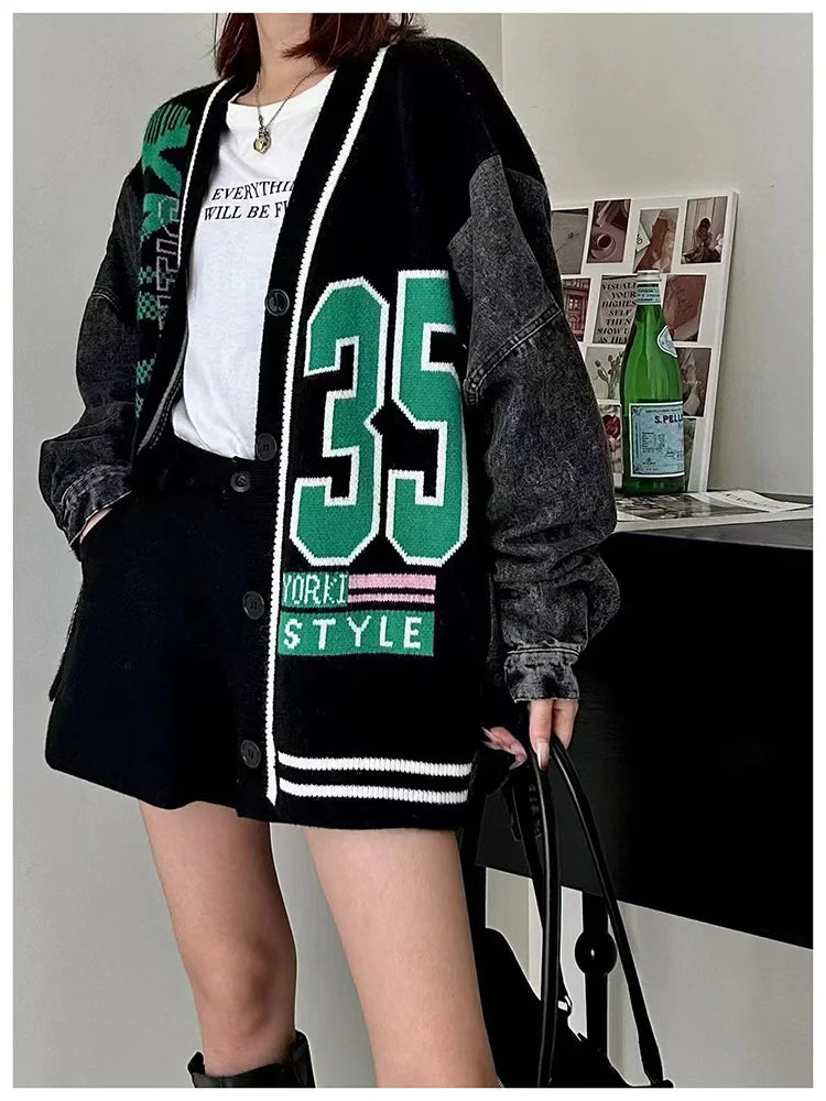 Denim Splicing Knitted Sweater Cardigan Jackets Woman Japanese Korean Fashion V Neck Oversized Coat Vestidos Y2k Clothes Outwear