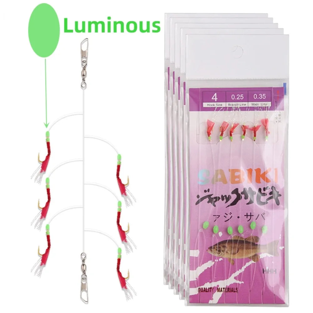 6pcs Luminous Bean Sabiki String Hook Rig Wobbler Rubber Bionic String Hook 10 Sizes Lure Bait Tackle for Sea/Freshwater Fishing