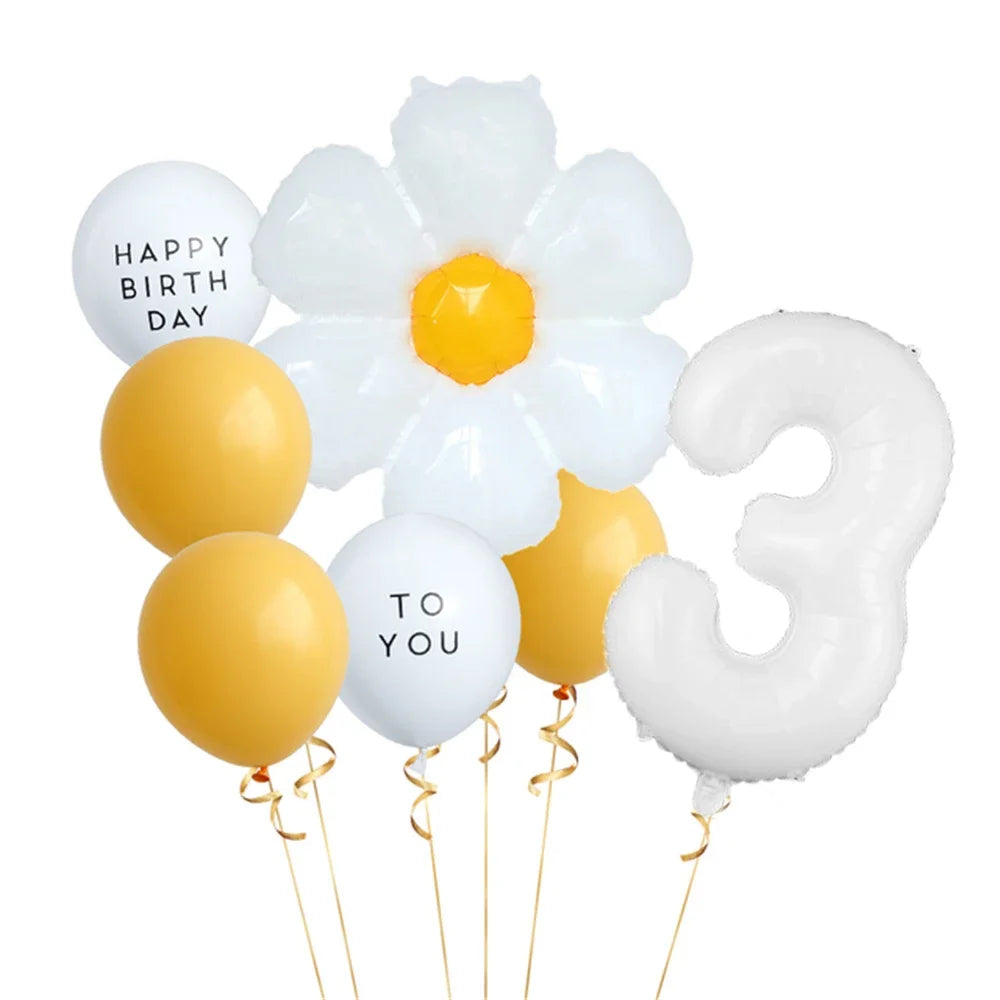 8pcs White Daisy Balloon Set With 32inch 1-9 White Number Ballon For  Daisy Themed Birthday Party Decor Kids Toys Helium Globos