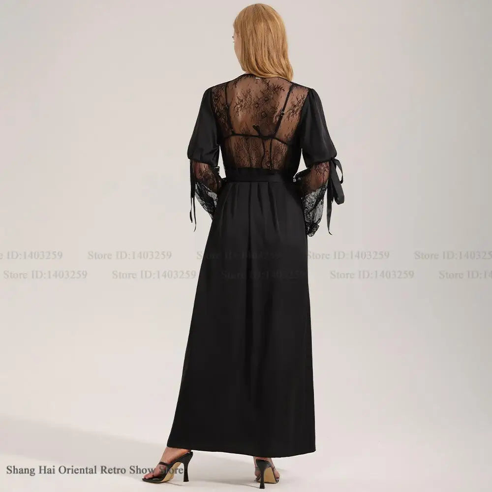 Fashion Sexy Long Robe Women Sleepwear Home Dressing Gown Patchwork Perspective Lace Lingerie Negligee Loose Bathrobe Loungewear