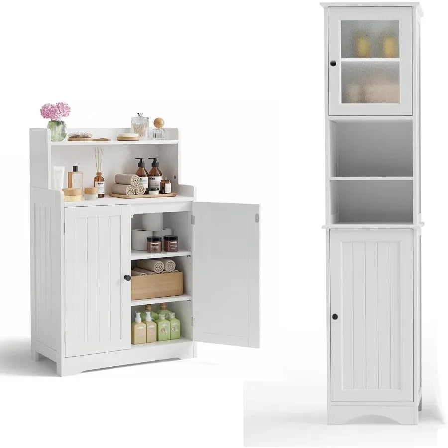 Bathroom storage cabinet combo: white MDF material, moisture-resistant finish, space-saving design for small bathrooms