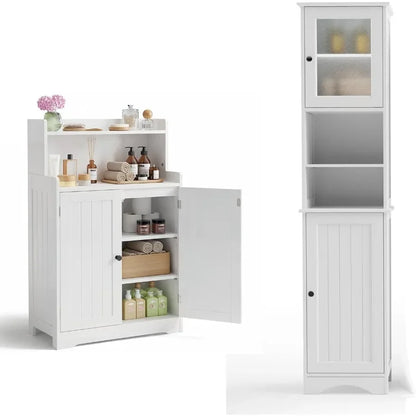 Bathroom storage cabinet combo: white MDF material, moisture-resistant finish, space-saving design for small bathrooms