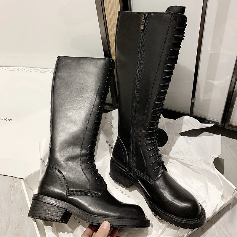 2025 New Women Knee High Boots Genuine Leather Sexy Shoes Riding Motorcycle Boots