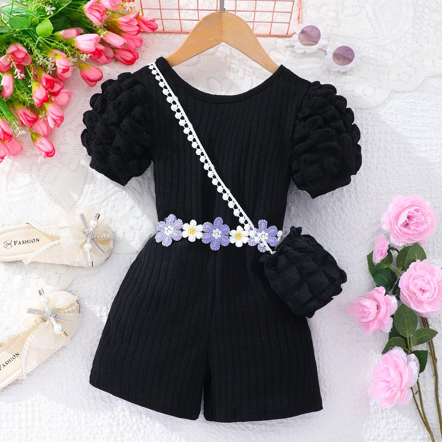 【Free Bag】 KIds Girl Jumpsuit Baby Girl Set Summer Short Sleeve Shorts Leisure Beach Children Clothes Floral Belt Outfit 2-7 Yrs