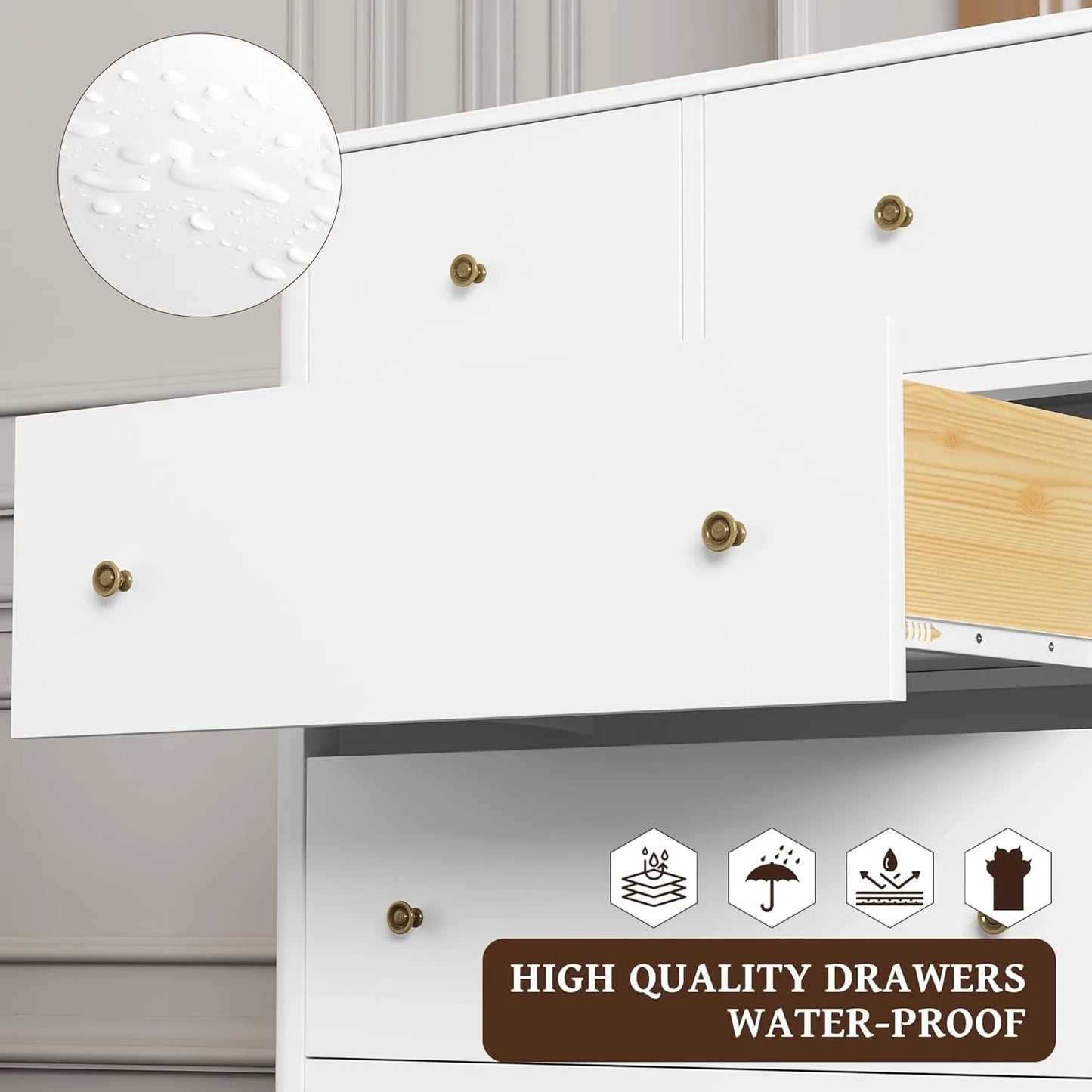 White Dresser with 5 Drawers, Tall Chest of Drawers, 5 Drawer Dresser with Deep Space, Wood Storage Cabinet for Living Room