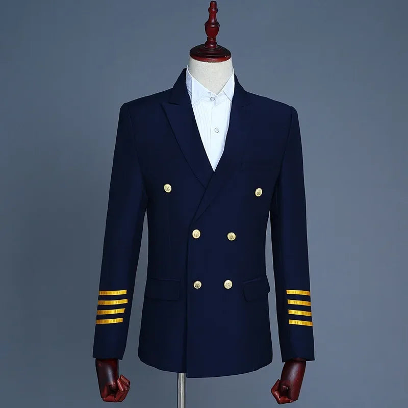 S-4XL Captain Officer Sailor Peacoat Costume Mens Blazer Suit Military Fringe Marching Band Jacket Uniform For Adult Coat+Pants
