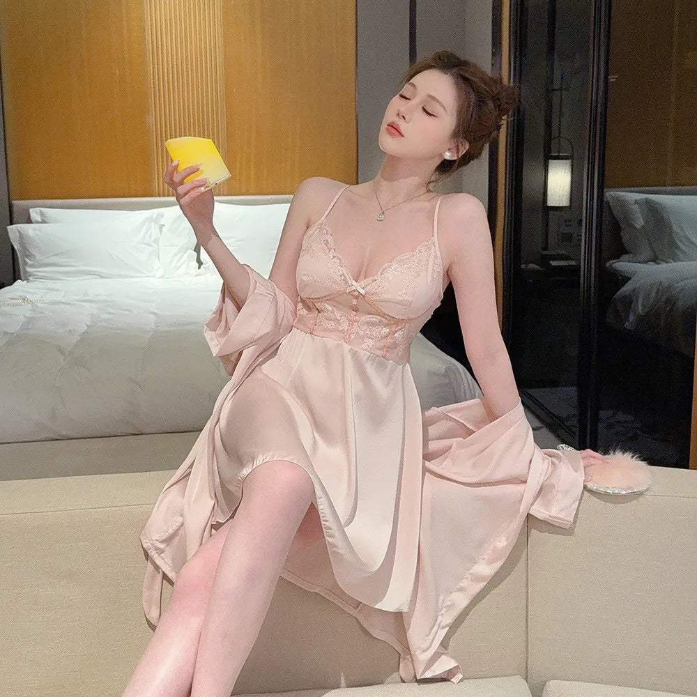 Women's Satin Silk Robe Sets Nightgown Robes Kimono Sexy Lingerie V Neck Night Dress Sleepwear Woman