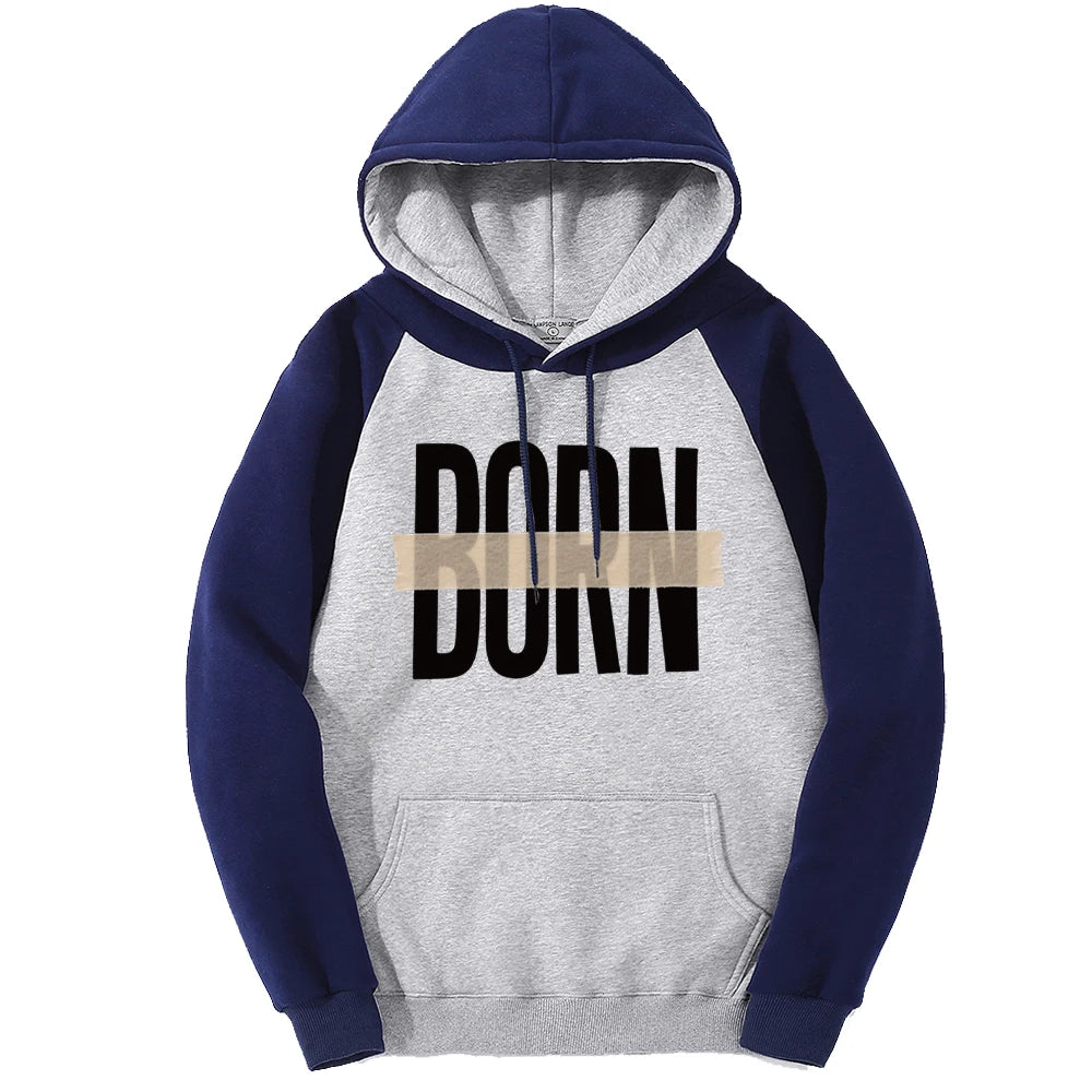 Born Adhesive Tape Prints Men Raglan Hoodies All-Match Hoody Fleece Casual Clothes Street Hip Hop Pullover Autumn Fashion Coat