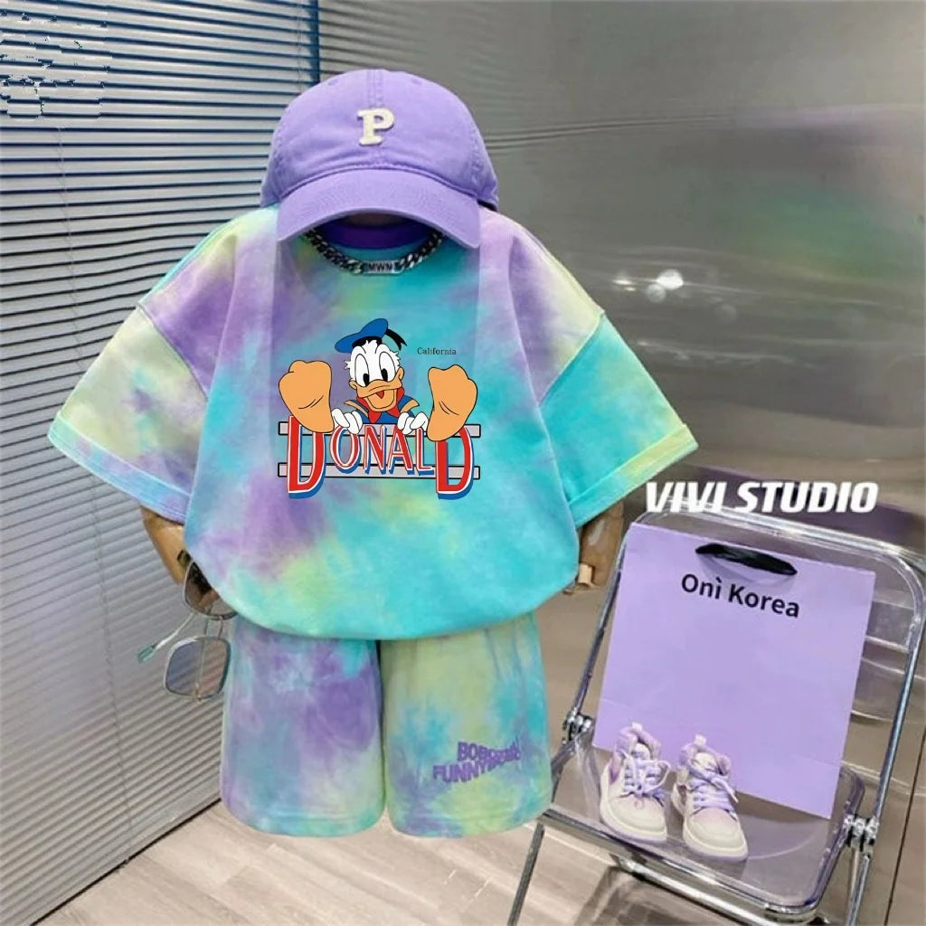 Summer Baby Boy Clothes Set Kid Girls Disney Donald Printed T-shirts and Shorts 2PCS Suit Children Tie Dye Short Sleeve Outfits