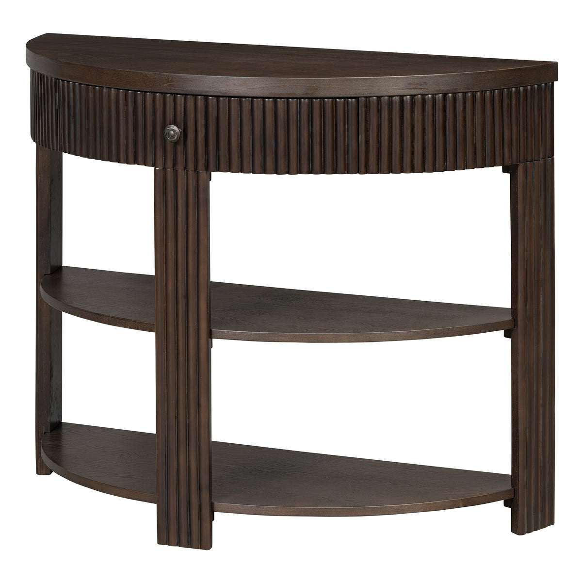 Fluted Half Moon Console Table with Drawer and 2 Shelves for Entryway,