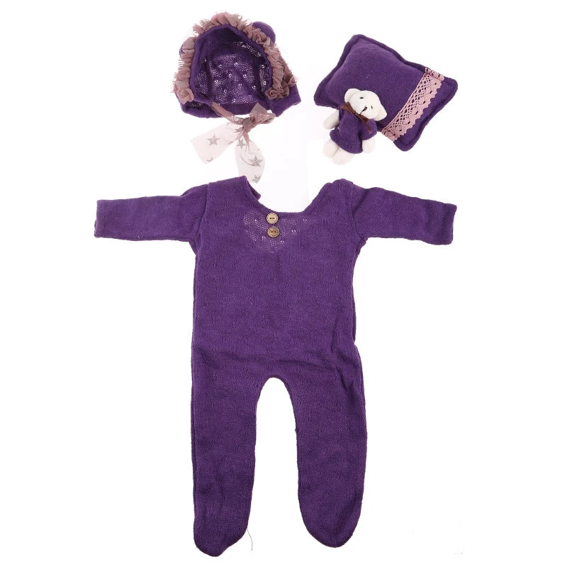 4 Pcs/Set Baby Clothes Newborn Photography Props Baby Romper Jumpsuit Hat Pillow Set With Cute Bear Doll Photo Shooting Outfits