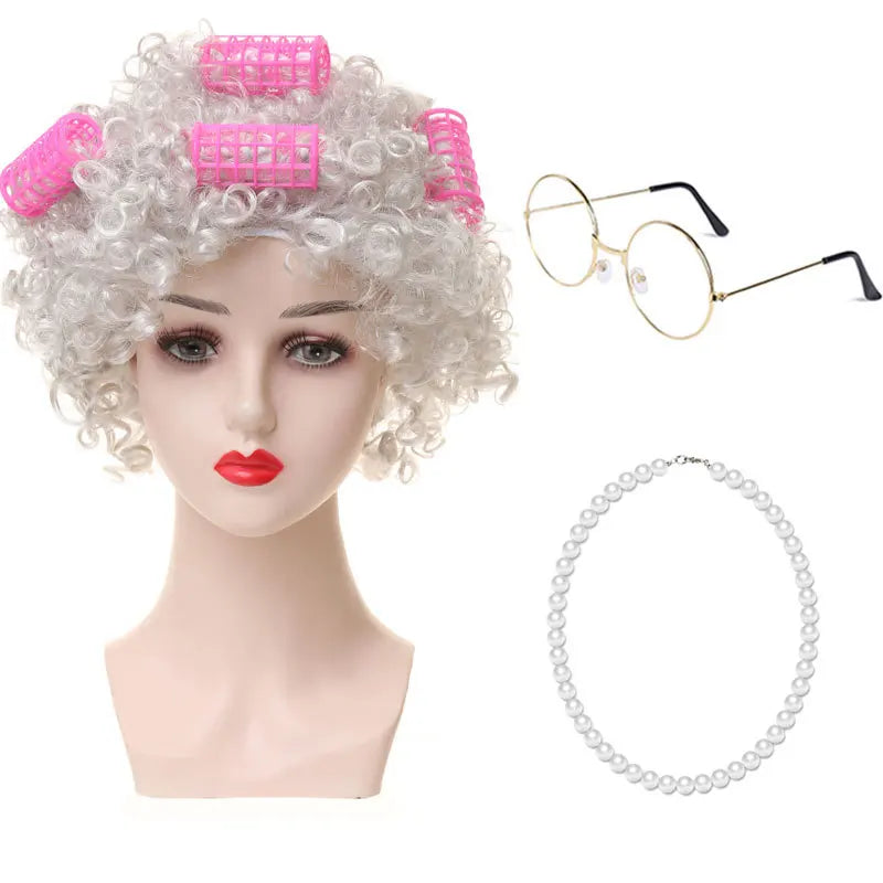 Granny Wig Cos Halloween Granny Curly Hair Charterer Stage Show Wig Cover Props