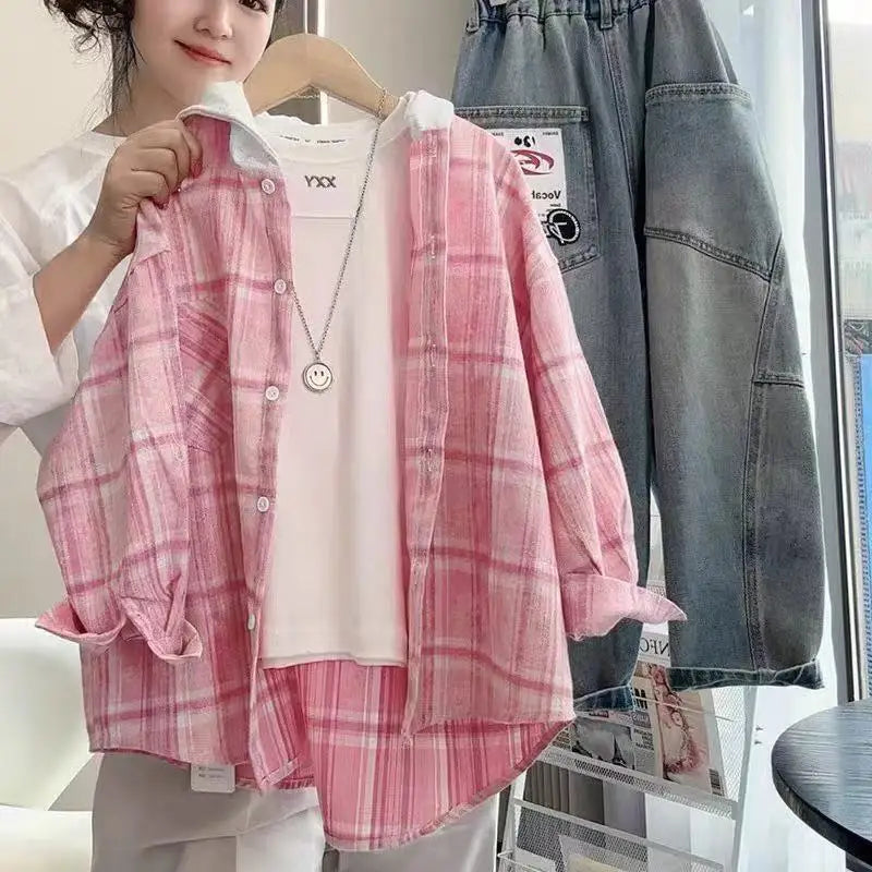 Sweet Students Girls Pink Plaid Shirt Jackets Hooded Coats Single-breasted Loose Oversize Outerwear Harajuku Korean Trendy Tops