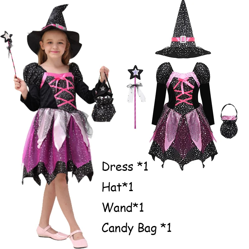 2025 Halloween Baby Girls Witch Dress+Hat+Wand+Candy Bag Costume for Kids Carnival Party Evil Witch Vestidos Set 2-12Yrs Clothes