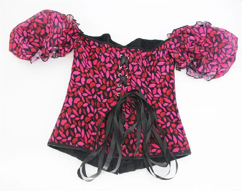 Sexy Women Off Shoulder Corset with Floral Lace Sleeve Lace Up Bustier Fishbone Overbust Corset Bodyshaper Lingerie Top