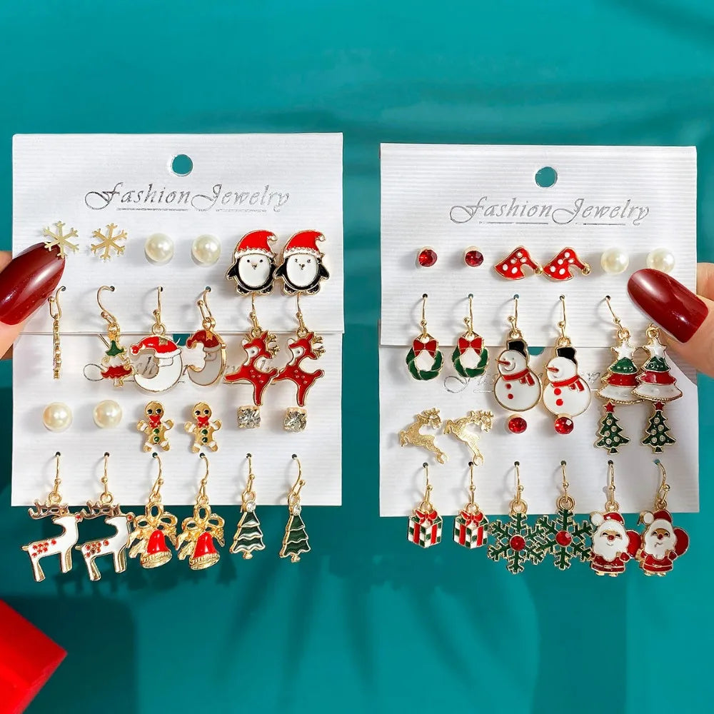6 Pairs New Christmas Set Cross border Hot Selling Cartoon Dripping Oil Elk Santa Claus Christmas Tree Earrings for Women