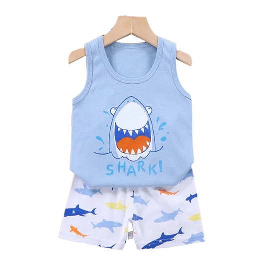 Kids Baby Boys Girls Cotton Breathable Vest+Shorts 2-Piece Set Cartoon Printing Summer Tracksuit Casual Clothes Suit 1-6 Years