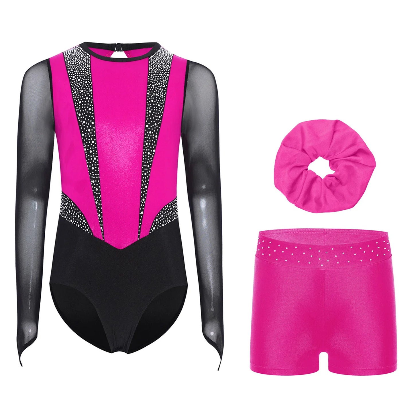 Kids Girls Ballet Gymnastics Sets Sports Tracksuit Figure Skating Dancewear Long Sleeves Rhinestones Leotard with Shorts Suit