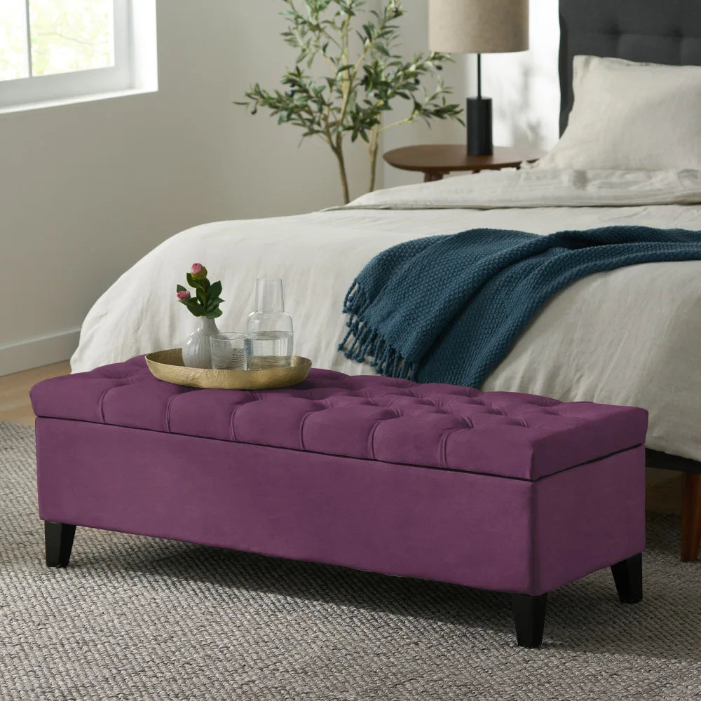 Purple Velvet Storage Ottoman - Button-Tufted Bed Bench w/Hidden Compartment, Modern Bedroom & Living Room Decor