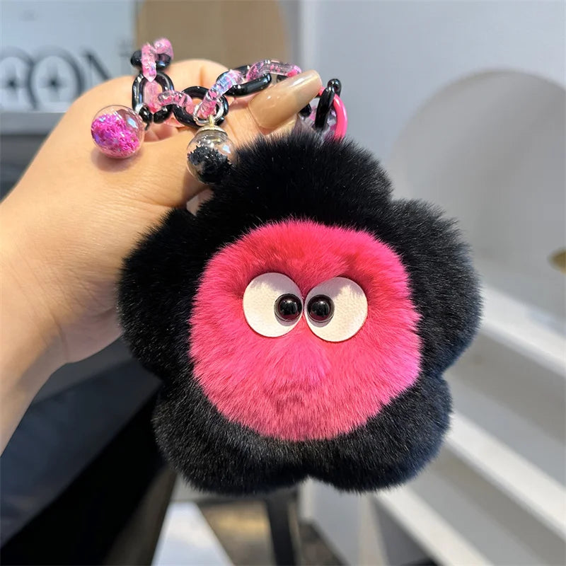 Rex Rabbit Fur Keychain Cute Plush Flower Keychain Car Bag Charms Keyring Pendant Accessories Keychain On The Phone Car Key Ring