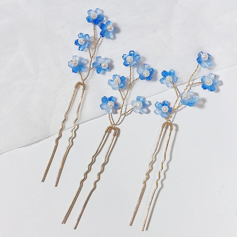 3PCS Women Blue Color Flower Hairpin Stick Wedding Bridal Crystal Pearl Hairpin U Shaped Hair Clip Barrettes Hair Accessories