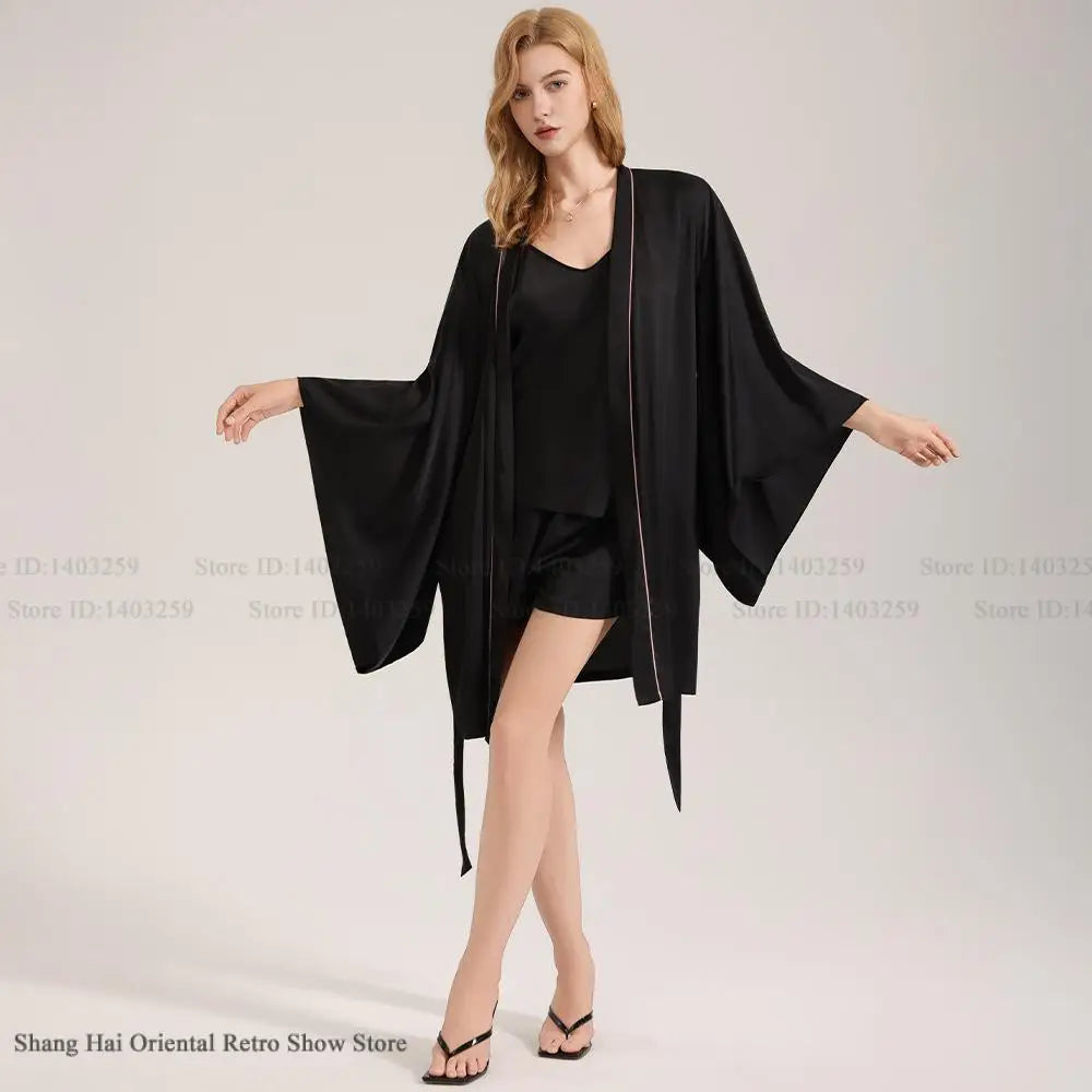 New Female 3PCS Robe Pajamas Set Sleepwear Sexy Lingerie Trap Top&shorts Homewear Loose Casual Black Ice Silk Pijamas Loungewear
