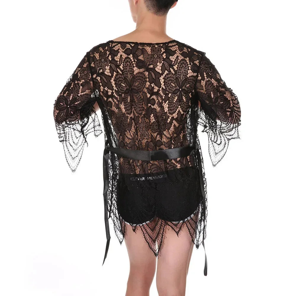 Erotic Nightdresses Sheer Pajamas For Night Use For Sleep Men Sexy Lingerie Pajamas 3 4 Sleeve Nightdresses Nylon Breathable