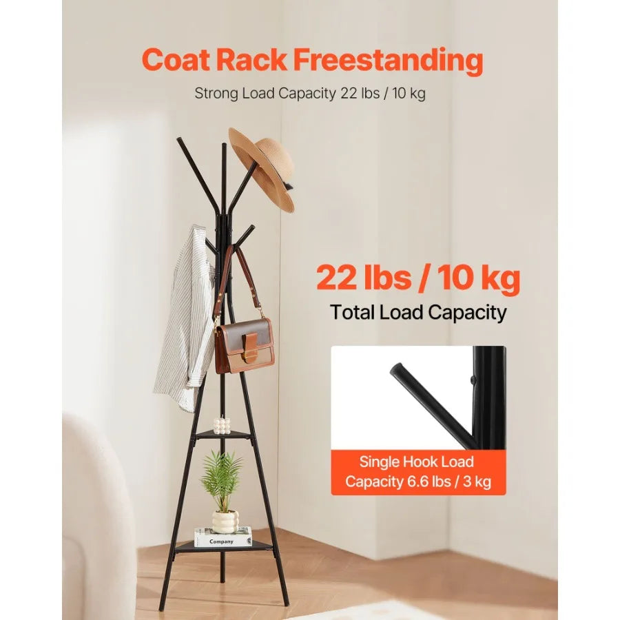 Coat Rack Freestanding Coats Rack Stand with 2 Shelves 6 Hooks