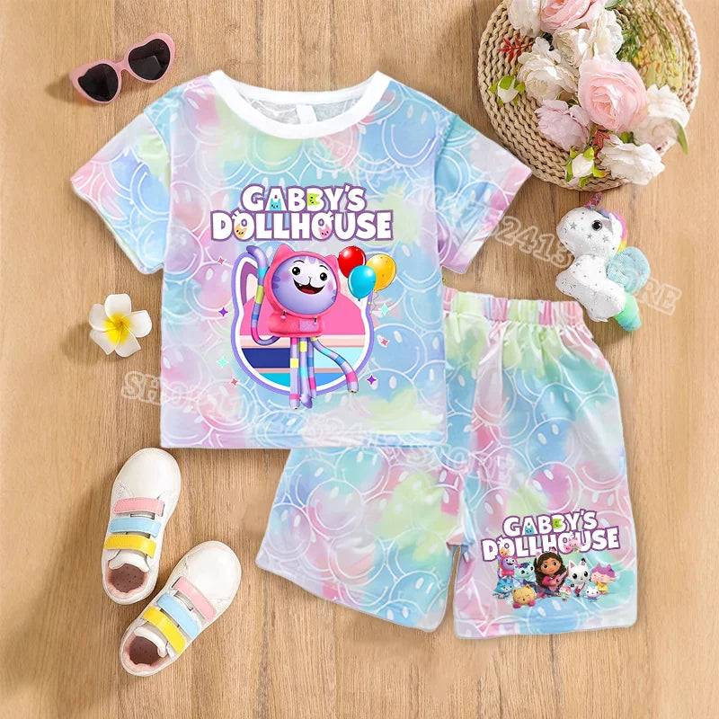 2pcs Gabby Dollhouse Sets Summer Breathable Sweat Absorbent Kids Clothes Baby Girls Kawaii anime Smile Short Sleeve Thin Suit