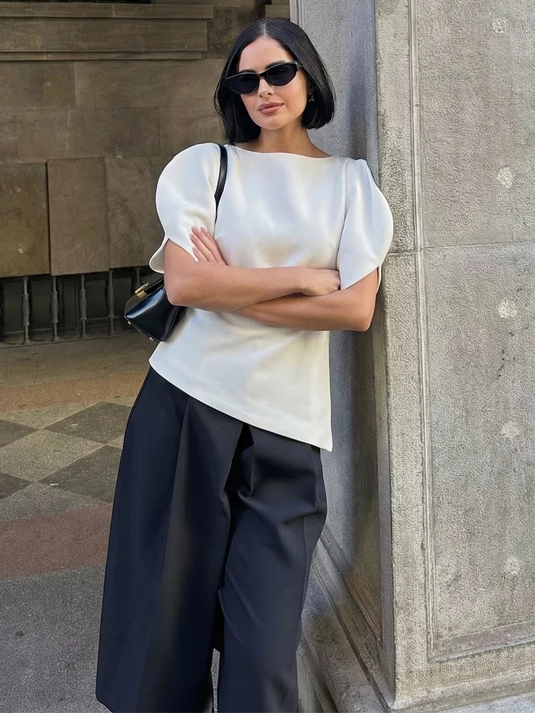 HH Spring Summer Women Casual Asymmetrical T-Shirts Fashion Solid Female O-Neck Short Puff Sleeve Blouse Lady Office Chic Tops