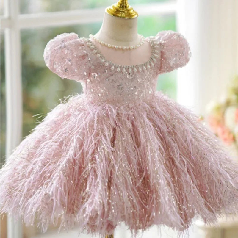 Fashion Baby Girl Princess Sequins Feather Dress Puffy Sleeve Toddler Child Pearl Vestido Party Birthday Baby Clothes 2-14Y