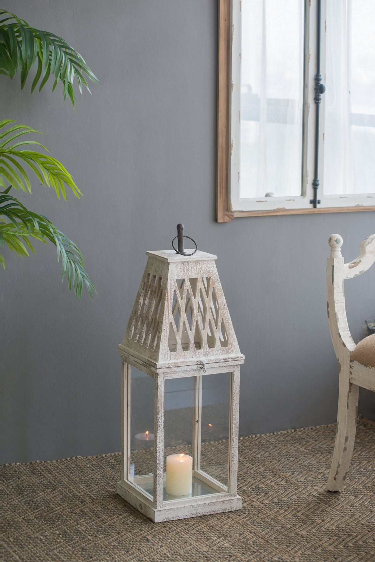 Set of 2 Rustic White French Country Wood & Glass Lanterns