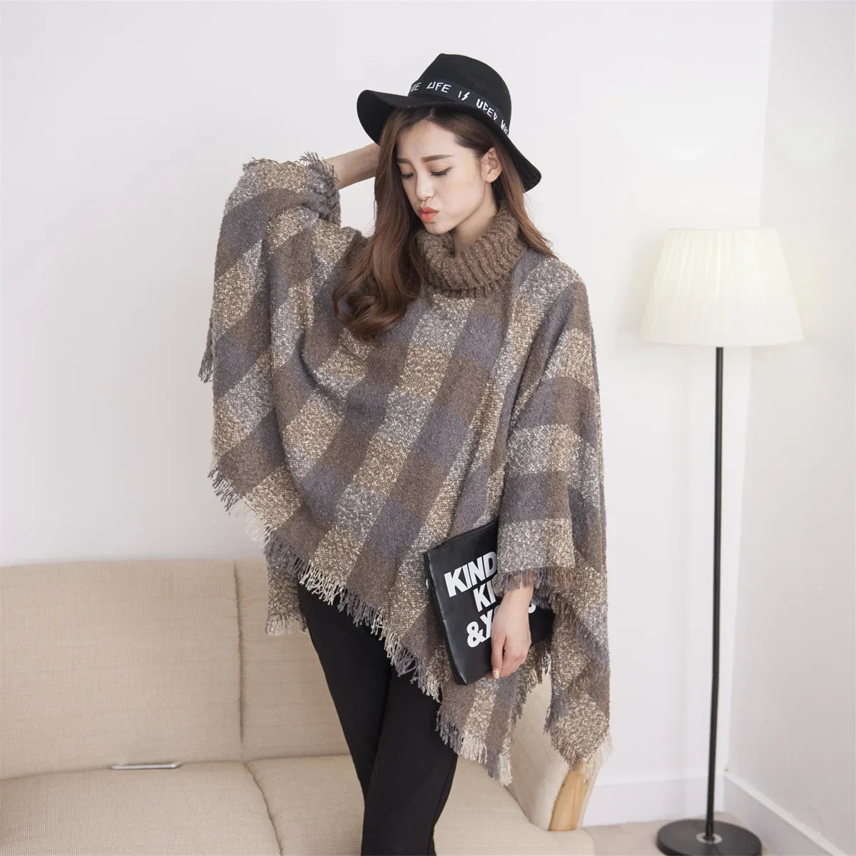 New Women Autumn Winter Striped Knitted Poncho Shawl Sweater Overcoat Streetwear Thick Warm High Neck Loose Knitwear Long Coat