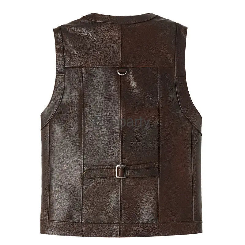 2024 Autumn Winter Leather Vest Men's Zipper Waistcoat Steampunk Sleeveless Motorcycle Jackets Casual Multiple Pockets Coat