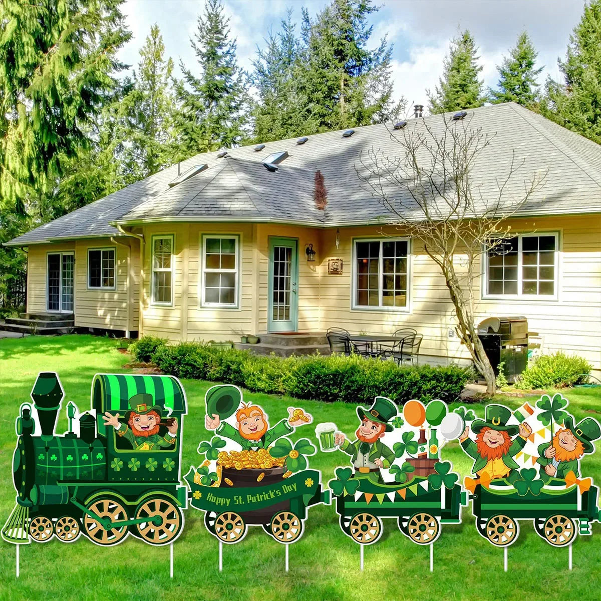4/8 Pcs Leprechaun Shamrock Balloon Hat Rainbow Sign St. Patrick's Day Yard Sign Train Lawn with Stakes Irish Decor Home Garden