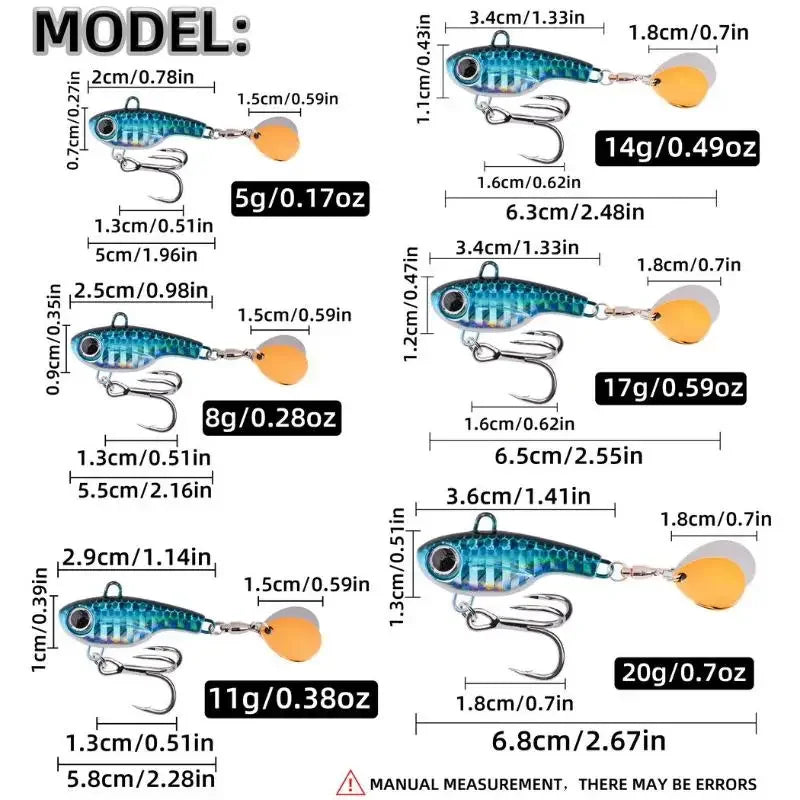 1Pc 5g 8g 11g 14g 17g 20g Spinner Bait Metal VIB Fishing Lure Rotating Tail Vibration Sequins Wobbler Trolling Bait Fishing