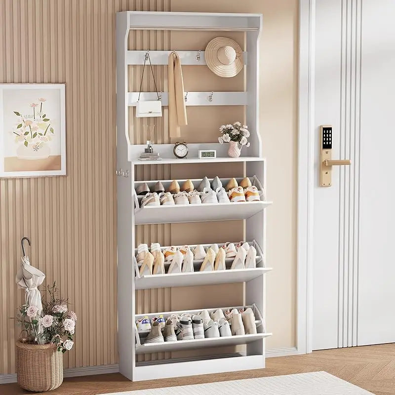 Shoe Storage Cabinet, Wood Shoe Organizer for Entryway with 3 Flip Drawers, Freestanding Shoe Rack with Adjustable Shelf, Narrow