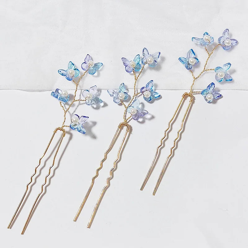 3PCS Women Blue Color Flower Hairpin Stick Wedding Bridal Crystal Pearl Hairpin U Shaped Hair Clip Barrettes Hair Accessories