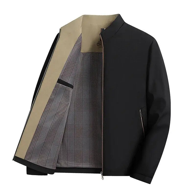A stylish, cool and versatile solid color casual and trendy business jacket with a stand-up collar for senior dads