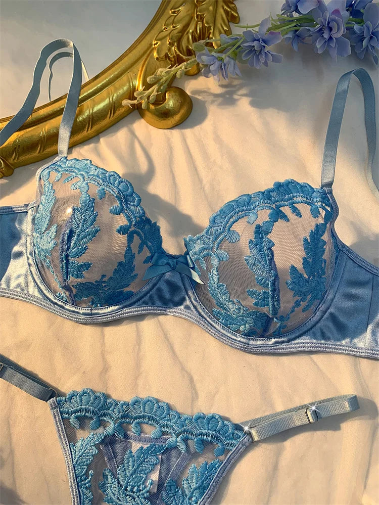 Sexy Adult Lingerie Set Light Blue Ultra Thin Mesh Underwear Delicate Embroidery Bra and Panties Sets Translucent Sexy Lingerie